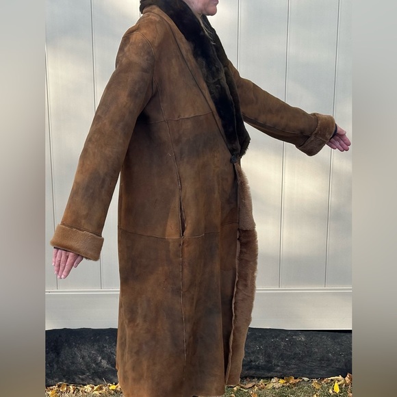 Vintage Midi Length Ombre Dyed Suede Shearling coat with Fur Collar - Picture 4 of 5